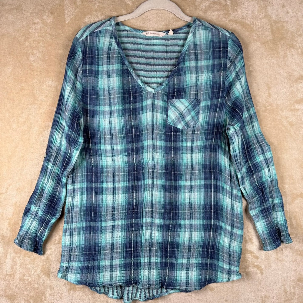 Soft Surroundings Teal Blue Plaid Cotton Gauze Roll Tab Sleeve Tunic Top L 2BQ58